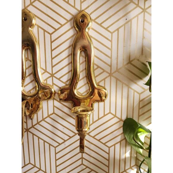 Vintage Pair Gold Brass Sconces Wall Hanging Candle Holder 11” With Plate Holder - Picture 5 of 12